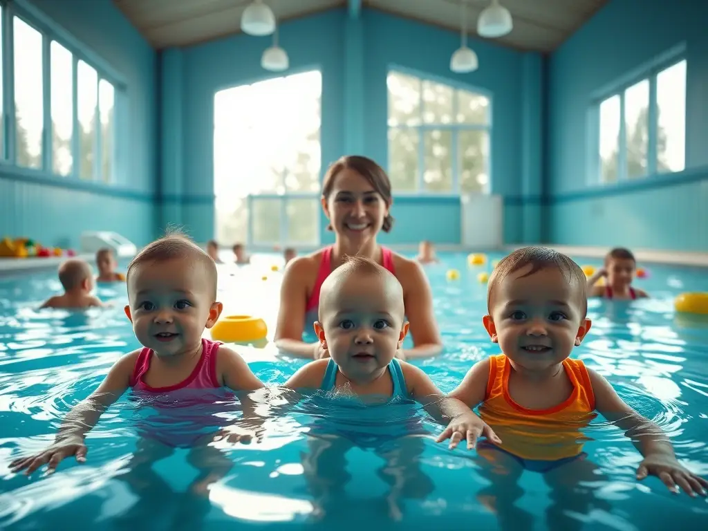 A wide shot of a group of babies and toddlers participating in an aquatic therapy class, led by experienced instructors. The pool is clean and inviting, with colorful toys and equipment to engage the children.