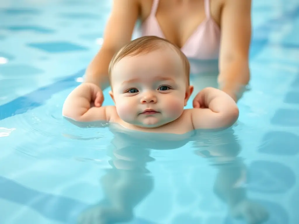 A serene image of a baby floating comfortably on their back in a swimming pool, supported by a gentle instructor. The baby appears relaxed and content, showcasing the calming effect of aquatic therapy.
