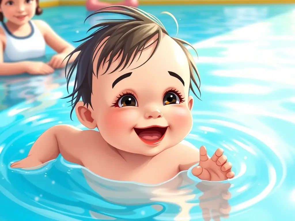 A close-up shot of a toddler giggling while splashing water with their hands during an aquatic therapy session. The instructor is smiling and encouraging the child, highlighting the joy and engagement of the activity.