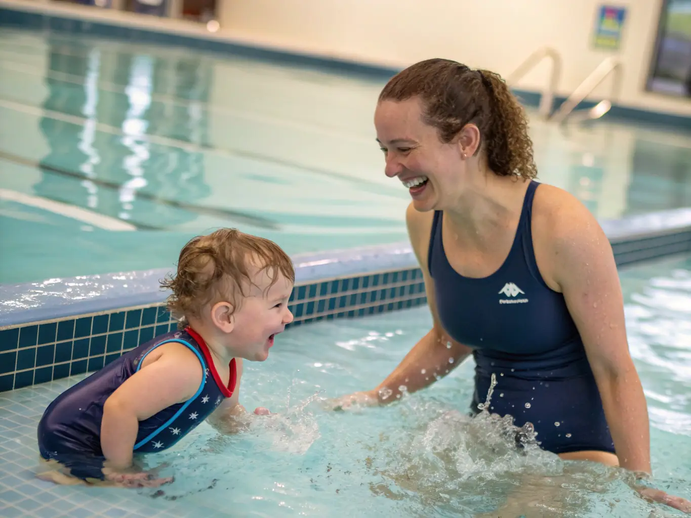 An image showing a baby confidently floating on their back with the support of an instructor, showcasing improved motor skills and balance. The baby appears relaxed and happy.