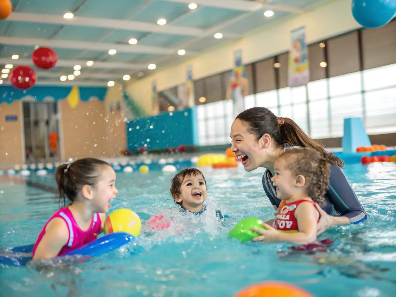 A picture of a group of babies splashing and playing in the water during a 'Babaúszás' class, demonstrating increased water confidence and comfort. The atmosphere is cheerful and supportive.